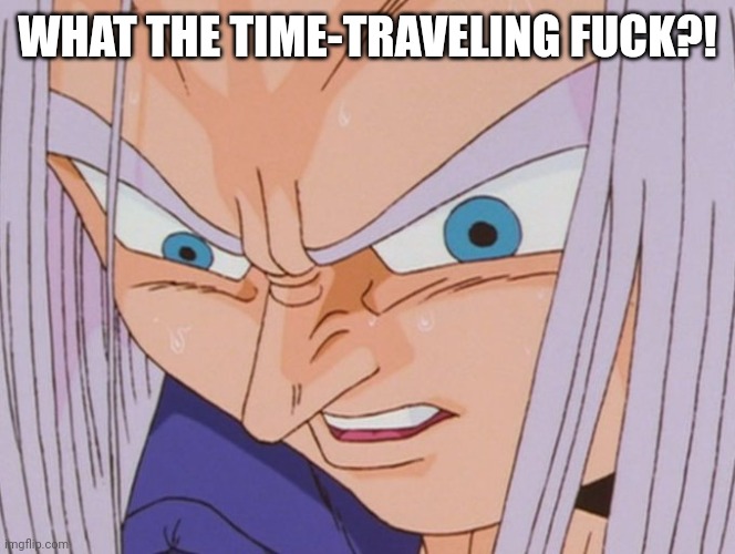 Dragonball Z-Trunks | WHAT THE TIME-TRAVELING FUCK?! | image tagged in dragonball z-trunks | made w/ Imgflip meme maker