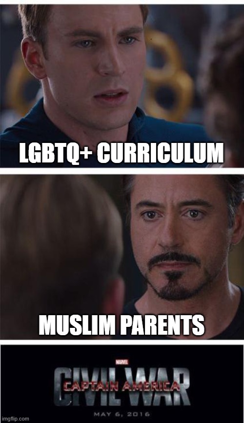 Democrats | LGBTQ+ CURRICULUM; MUSLIM PARENTS | image tagged in memes,marvel civil war 1 | made w/ Imgflip meme maker