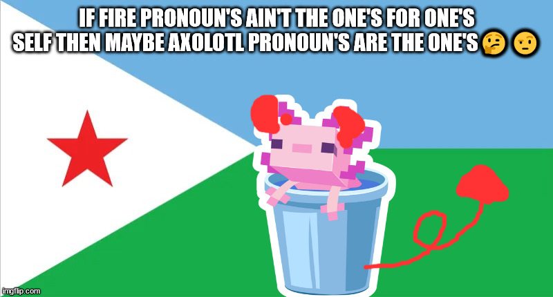 Chow chow da means quietly in mandarin | IF FIRE PRONOUN'S AIN'T THE ONE'S FOR ONE'S SELF THEN MAYBE AXOLOTL PRONOUN'S ARE THE ONE'S🤔🤨 | image tagged in flee tust | made w/ Imgflip meme maker