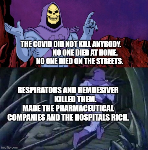 he man skeleton advices | THE COVID DID NOT KILL ANYBODY.                      NO ONE DIED AT HOME.             NO ONE DIED ON THE STREETS. RESPIRATORS AND REMDESIVER           KILLED THEM. MADE THE PHARMACEUTICAL COMPANIES AND THE HOSPITALS RICH. | image tagged in he man skeleton advices | made w/ Imgflip meme maker