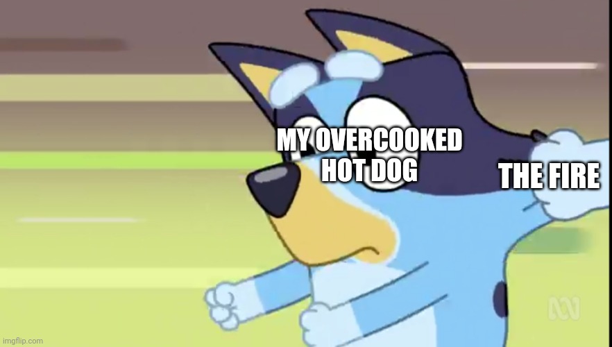 Bluey | MY OVERCOOKED HOT DOG; THE FIRE | image tagged in bluey,funny memes,relatable | made w/ Imgflip meme maker