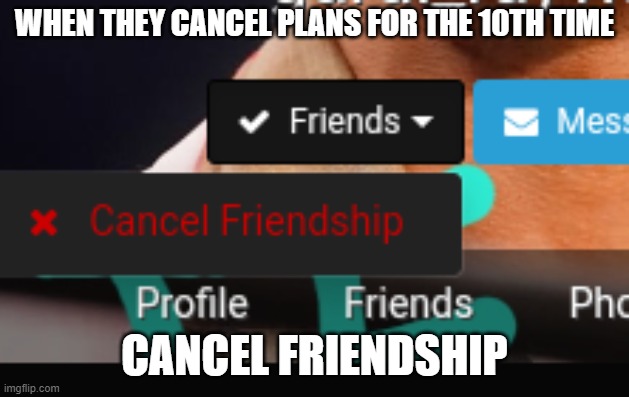 Cancel friendship | WHEN THEY CANCEL PLANS FOR THE 10TH TIME; CANCEL FRIENDSHIP | image tagged in cancel friendship | made w/ Imgflip meme maker