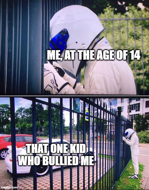 I bullied the kids | ME, AT THE AGE OF 14; THAT ONE KID WHO BULLIED ME | image tagged in stig,memes | made w/ Imgflip meme maker