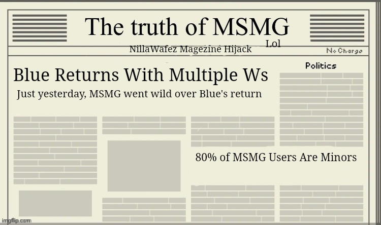 MSMG Magazine | Lol; NillaWafez Magezine Hijack; Blue Returns With Multiple Ws; Just yesterday, MSMG went wild over Blue's return; 80% of MSMG Users Are Minors | image tagged in the truth of msmg | made w/ Imgflip meme maker