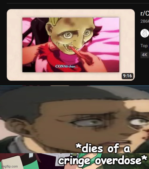 Connie Dies Of Cringe | *dies of a cringe overdose* | image tagged in tanjiro disgust,cringe,attack on titan,aot,shingeki no kyojin,snk | made w/ Imgflip meme maker