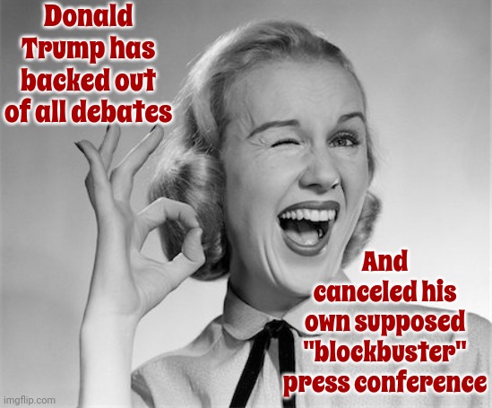 It's My Party And I'll Cry If I Want To | Donald Trump has backed out of all debates; And canceled his own supposed "blockbuster" press conference | image tagged in woman winking,lock him up,scumbag trump,scaredy cat,scumbag republicans,trump lies | made w/ Imgflip meme maker
