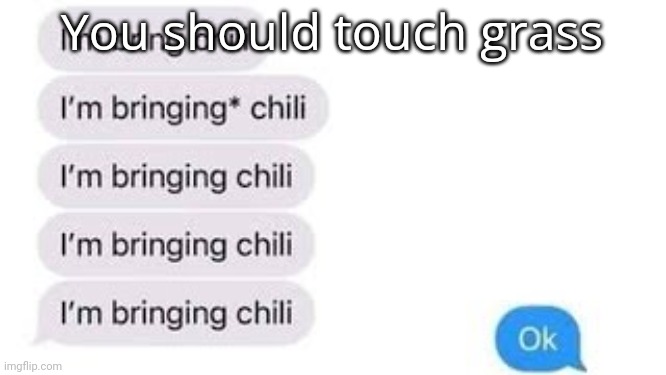 I'm bring chili | You should touch grass | image tagged in i'm bring chili | made w/ Imgflip meme maker