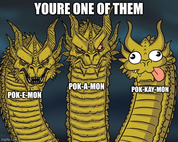 pokemon pronunciation | YOURE ONE OF THEM; POK-A-MON; POK-KAY-MON; POK-E-MON | image tagged in three-headed dragon | made w/ Imgflip meme maker