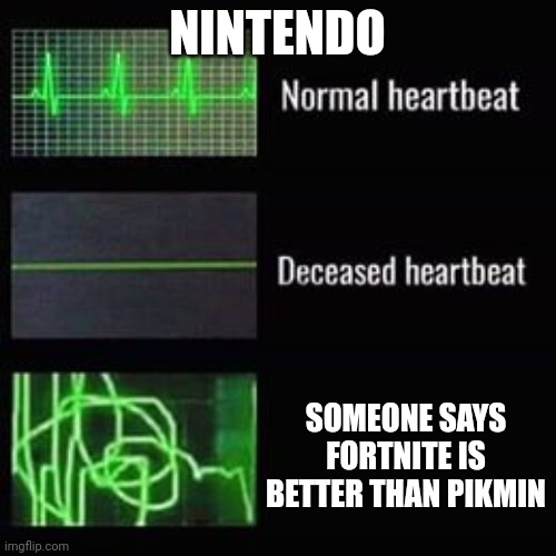 heartbeat rate | NINTENDO; SOMEONE SAYS FORTNITE IS BETTER THAN PIKMIN | image tagged in heartbeat rate | made w/ Imgflip meme maker