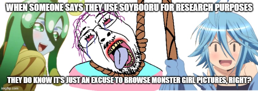 Suu and Papi TTD | WHEN SOMEONE SAYS THEY USE SOYBOORU FOR RESEARCH PURPOSES; THEY DO KNOW IT'S JUST AN EXCUSE TO BROWSE MONSTER GIRL PICTURES, RIGHT? | image tagged in suu and papi ttd | made w/ Imgflip meme maker