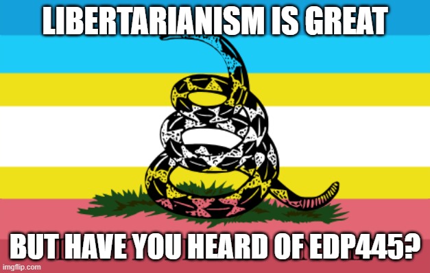MAP Gadsden Flag | LIBERTARIANISM IS GREAT; BUT HAVE YOU HEARD OF EDP445? | image tagged in map gadsden flag | made w/ Imgflip meme maker