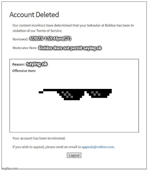 banned from ROBLOX | 4/20/23/ 1;59;44pm(CT); Roblox does not permit saying ok; saying ok | image tagged in banned from roblox | made w/ Imgflip meme maker