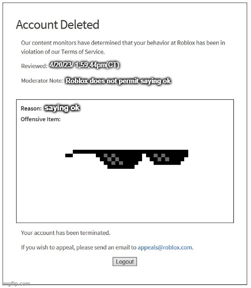 Banned from Roblox (FOREVER!!) - Imgflip