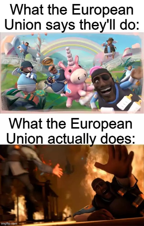 Pyrovision | What the European Union says they'll do:; What the European Union actually does: | image tagged in pyrovision,memes | made w/ Imgflip meme maker