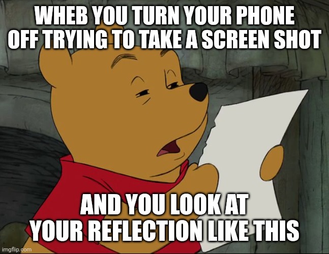 This happened today | WHEB YOU TURN YOUR PHONE OFF TRYING TO TAKE A SCREEN SHOT; AND YOU LOOK AT YOUR REFLECTION LIKE THIS | image tagged in winnie the pooh | made w/ Imgflip meme maker