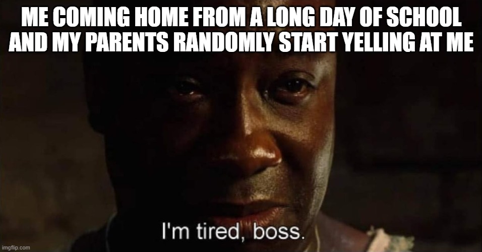this has happened too much | ME COMING HOME FROM A LONG DAY OF SCHOOL AND MY PARENTS RANDOMLY START YELLING AT ME | image tagged in i'm tired boss | made w/ Imgflip meme maker
