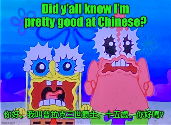 Scare spongboob and patrichard | Did y’all know I’m pretty good at Chinese? 你好。我叫普拉克三世爵士，十五歲。你好嗎？ | image tagged in scare spongboob and patrichard | made w/ Imgflip meme maker