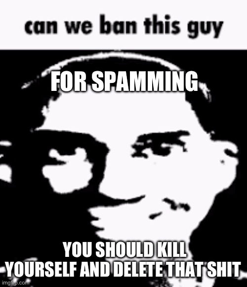 Can we ban this guy | FOR SPAMMING YOU SHOULD KILL YOURSELF AND DELETE THAT SHIT | image tagged in can we ban this guy | made w/ Imgflip meme maker