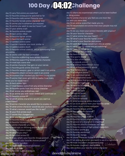 100 day anime challenge | 04:02 | image tagged in 100 day anime challenge,memes,darling in the franxx | made w/ Imgflip meme maker