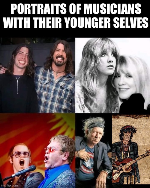 Keith Richards cave art | PORTRAITS OF MUSICIANS WITH THEIR YOUNGER SELVES | image tagged in keith richards,portrait | made w/ Imgflip meme maker