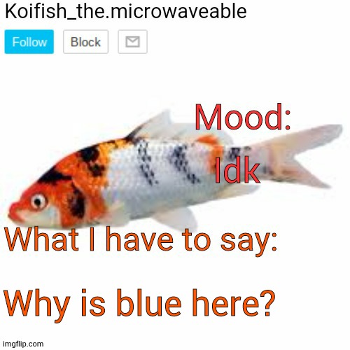 Koifish_the.microwaveable announcement | Idk; Why is blue here? | image tagged in koifish_the microwaveable announcement | made w/ Imgflip meme maker