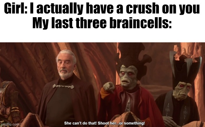 If a girl even think she likes me, she's wrong. | Girl: I actually have a crush on you
My last three braincells: | image tagged in she can't do that shoot her or something | made w/ Imgflip meme maker