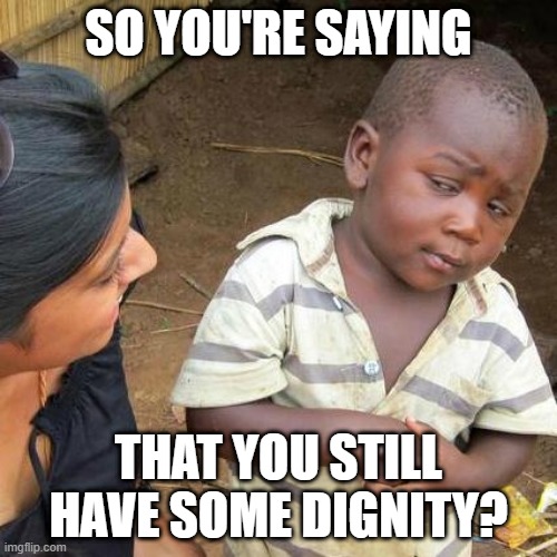 Third World Skeptical Kid Meme | SO YOU'RE SAYING; THAT YOU STILL HAVE SOME DIGNITY? | image tagged in memes,third world skeptical kid | made w/ Imgflip meme maker