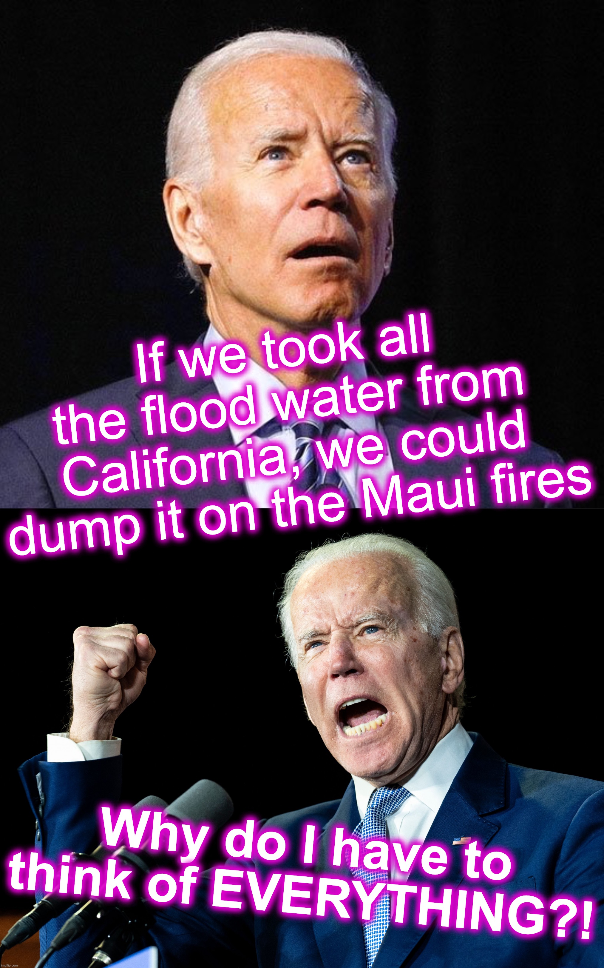 If we took all the flood water from California, we could dump it on the Maui fires; Why do I have to think of EVERYTHING?! | image tagged in joe biden's fist,funny memes,thinking,bad ideas | made w/ Imgflip meme maker