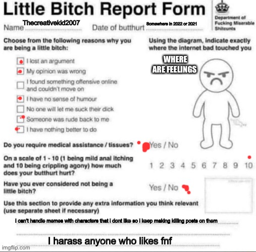 Little bitch report form | Thecreativekid2007; Somewhere in 2022 or 2021; WHERE ARE FEELINGS; I can’t handle memes with characters that i dont like so i keep making killing posts on them; I harass anyone who likes fnf | image tagged in little bitch report form | made w/ Imgflip meme maker