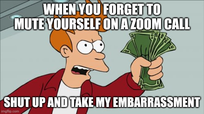 Shut Up And Take My Money Fry Meme | WHEN YOU FORGET TO MUTE YOURSELF ON A ZOOM CALL; SHUT UP AND TAKE MY EMBARRASSMENT | image tagged in memes,shut up and take my money fry | made w/ Imgflip meme maker