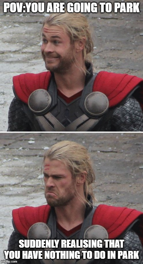 Thor happy then sad | POV:YOU ARE GOING TO PARK; SUDDENLY REALISING THAT YOU HAVE NOTHING TO DO IN PARK | image tagged in thor happy then sad | made w/ Imgflip meme maker