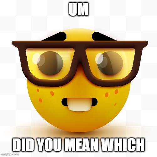 Nerd emoji | UM DID YOU MEAN WHICH | image tagged in nerd emoji | made w/ Imgflip meme maker