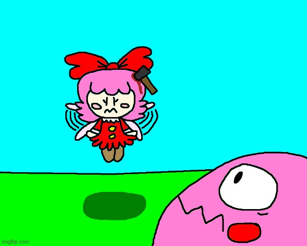 Ribbon has an axe on her head | image tagged in kirby,gore,blood,funny,cute,parody | made w/ Imgflip meme maker