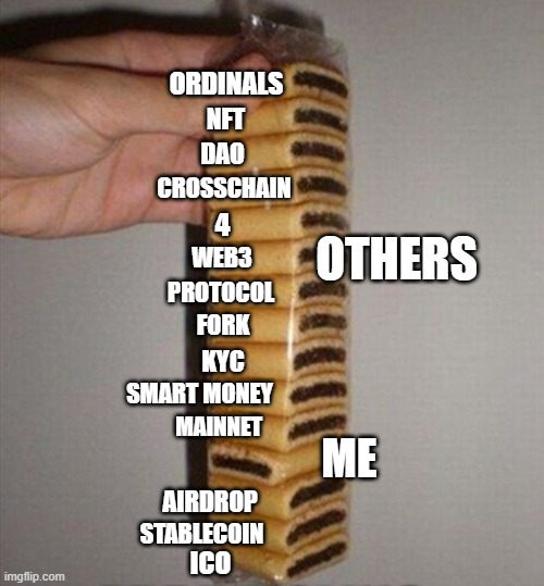 me in CRYPTO PARTY | ORDINALS; NFT; DAO; CROSSCHAIN; 4; OTHERS; WEB3; PROTOCOL; FORK; KYC; SMART MONEY; MAINNET; ME; AIRDROP; STABLECOIN; ICO | image tagged in cryptocurrency,crypto | made w/ Imgflip meme maker