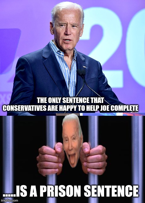 ...and he's not even the top dog | THE ONLY SENTENCE THAT CONSERVATIVES ARE HAPPY TO HELP JOE COMPLETE; .....IS A PRISON SENTENCE | image tagged in joe biden speech,prison bars | made w/ Imgflip meme maker