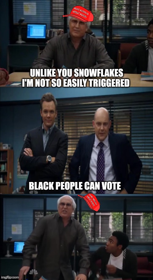 Unlike you snowflakes | UNLIKE YOU SNOWFLAKES I'M NOT SO EASILY TRIGGERED; BLACK PEOPLE CAN VOTE | image tagged in unlike you snowflakes,scumbag republicans,terrorists,conservative hypocrisy,simps | made w/ Imgflip meme maker
