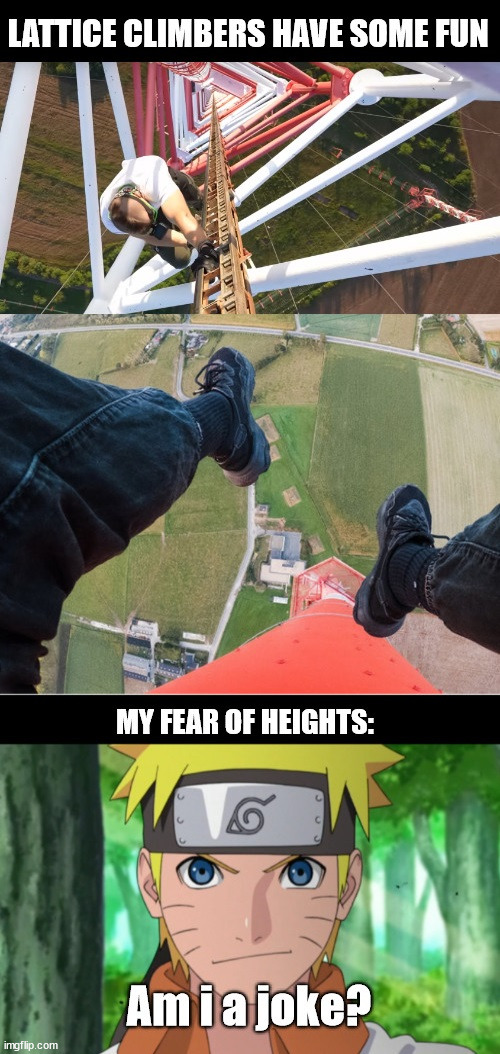 Fear of heights meet climber | image tagged in fear of heights,latticeclimbing,naruto,anime,germany | made w/ Imgflip meme maker