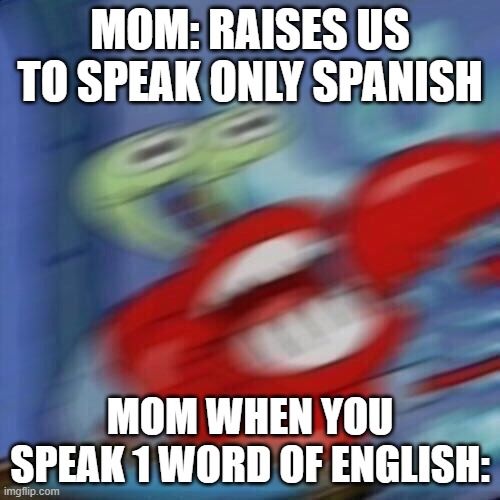 Porque no hablas espanol, eh? | MOM: RAISES US TO SPEAK ONLY SPANISH; MOM WHEN YOU SPEAK 1 WORD OF ENGLISH: | image tagged in mr krabs blur | made w/ Imgflip meme maker