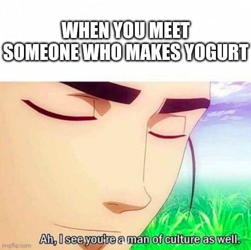 Cultures | WHEN YOU MEET SOMEONE WHO MAKES YOGURT | image tagged in ah i see you are a man of culture as well,yogurt,culture | made w/ Imgflip meme maker