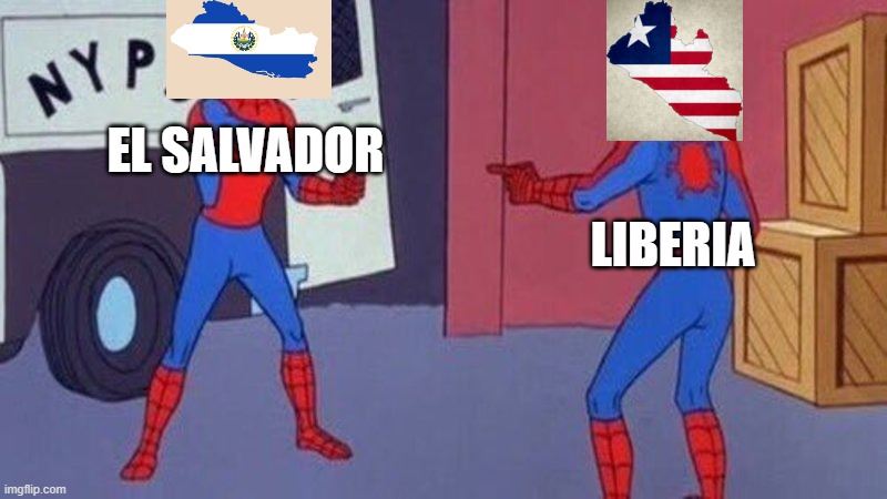 Why do they look so similar tho? | EL SALVADOR; LIBERIA | image tagged in spiderman pointing at spiderman,geography | made w/ Imgflip meme maker
