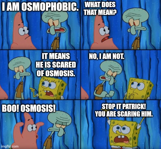 Stop it Patrick, you're scaring him! (Correct text boxes) | WHAT DOES THAT MEAN? I AM OSMOPHOBIC. IT MEANS HE IS SCARED OF OSMOSIS. NO, I AM NOT. STOP IT PATRICK! YOU ARE SCARING HIM. BOO! OSMOSIS! | image tagged in memes,weird,term | made w/ Imgflip meme maker