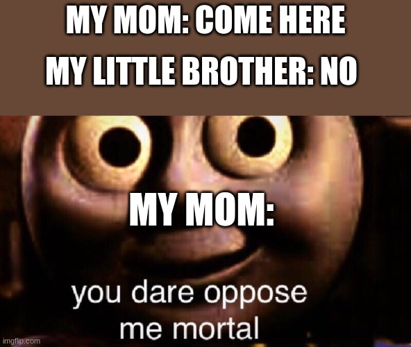 U DARE OPPOSE ME? | MY MOM: COME HERE; MY LITTLE BROTHER: NO; MY MOM: | image tagged in you dare oppose me mortal | made w/ Imgflip meme maker