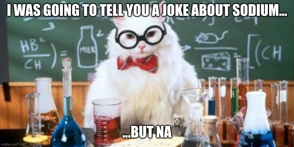 I WAS GOING TO TELL YOU A JOKE ABOUT SODIUM... ...BUT NA | image tagged in science,cat,science cat | made w/ Imgflip meme maker