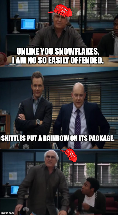 MAGA Snowflake | UNLIKE YOU SNOWFLAKES, I AM NO SO EASILY OFFENDED. SKITTLES PUT A RAINBOW ON ITS PACKAGE. | image tagged in maga snowflake | made w/ Imgflip meme maker