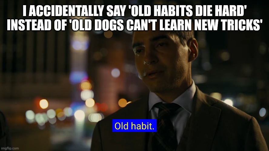 The Ai be weird as hell though | I ACCIDENTALLY SAY 'OLD HABITS DIE HARD' INSTEAD OF 'OLD DOGS CAN'T LEARN NEW TRICKS' | image tagged in old habit,will trent,ai | made w/ Imgflip meme maker