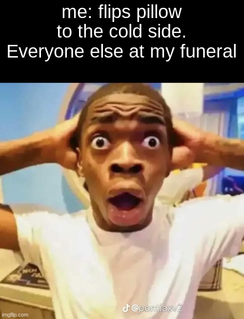 the pillow side was hot soo... | me: flips pillow to the cold side. Everyone else at my funeral | image tagged in shocked black guy | made w/ Imgflip meme maker