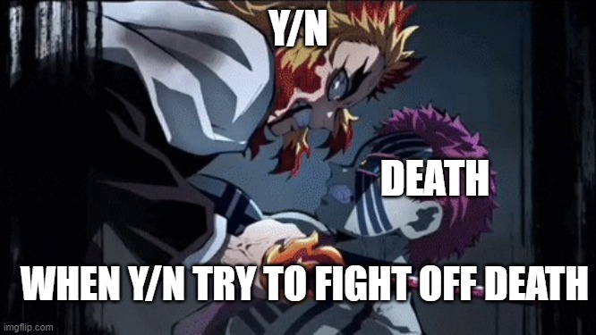 Wait what? you fighting death?! | Y/N; DEATH; WHEN Y/N TRY TO FIGHT OFF DEATH | image tagged in rengoku vs akaza,y/n,jokes | made w/ Imgflip meme maker