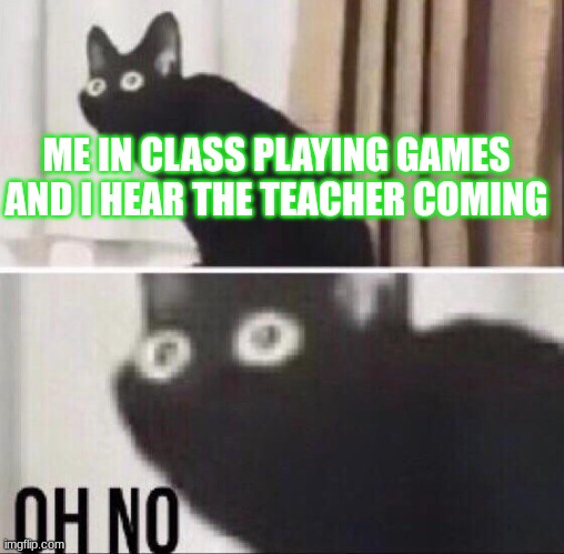 It´s scary every time it happens | ME IN CLASS PLAYING GAMES AND I HEAR THE TEACHER COMING | image tagged in oh no cat,school,fun | made w/ Imgflip meme maker