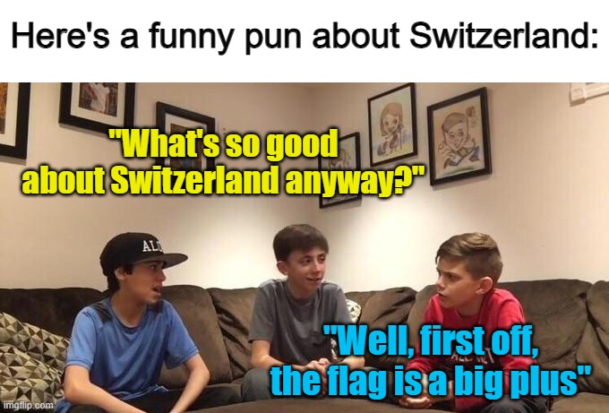 True in both cases :] | Here's a funny pun about Switzerland:; "What's so good about Switzerland anyway?"; "Well, first off, the flag is a big plus" | made w/ Imgflip meme maker