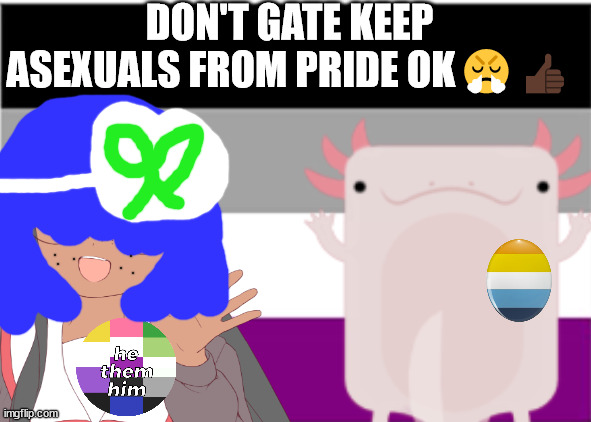 The Queer topic right now | DON'T GATE KEEP ASEXUALS FROM PRIDE OK😤👍🏿 | image tagged in chow chow da means quietly in chinese,mike skinner will not get cancer this year | made w/ Imgflip meme maker